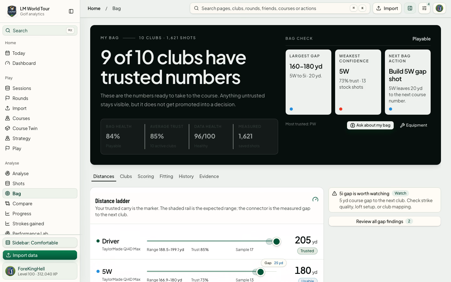 LM World Tour Bag screen showing trusted club numbers, bag health and the distance ladder