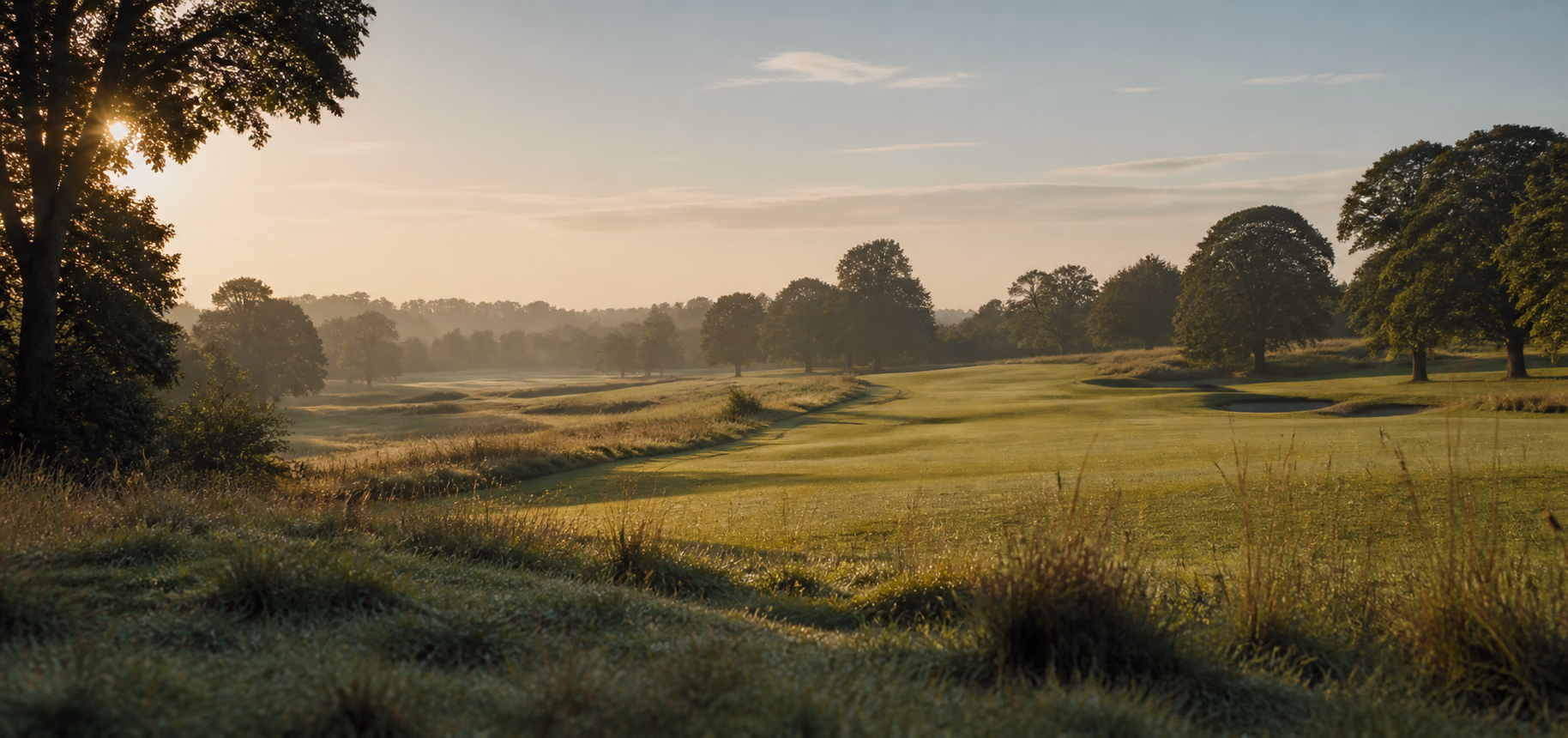 A misty British parkland golf course at first light